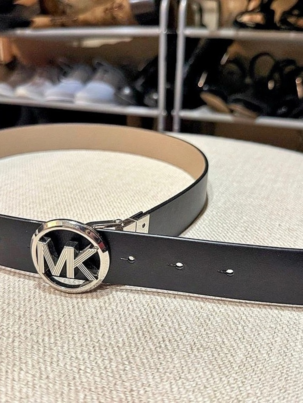 Michael Kors Reversible MK Logo Belt in Black & Beige